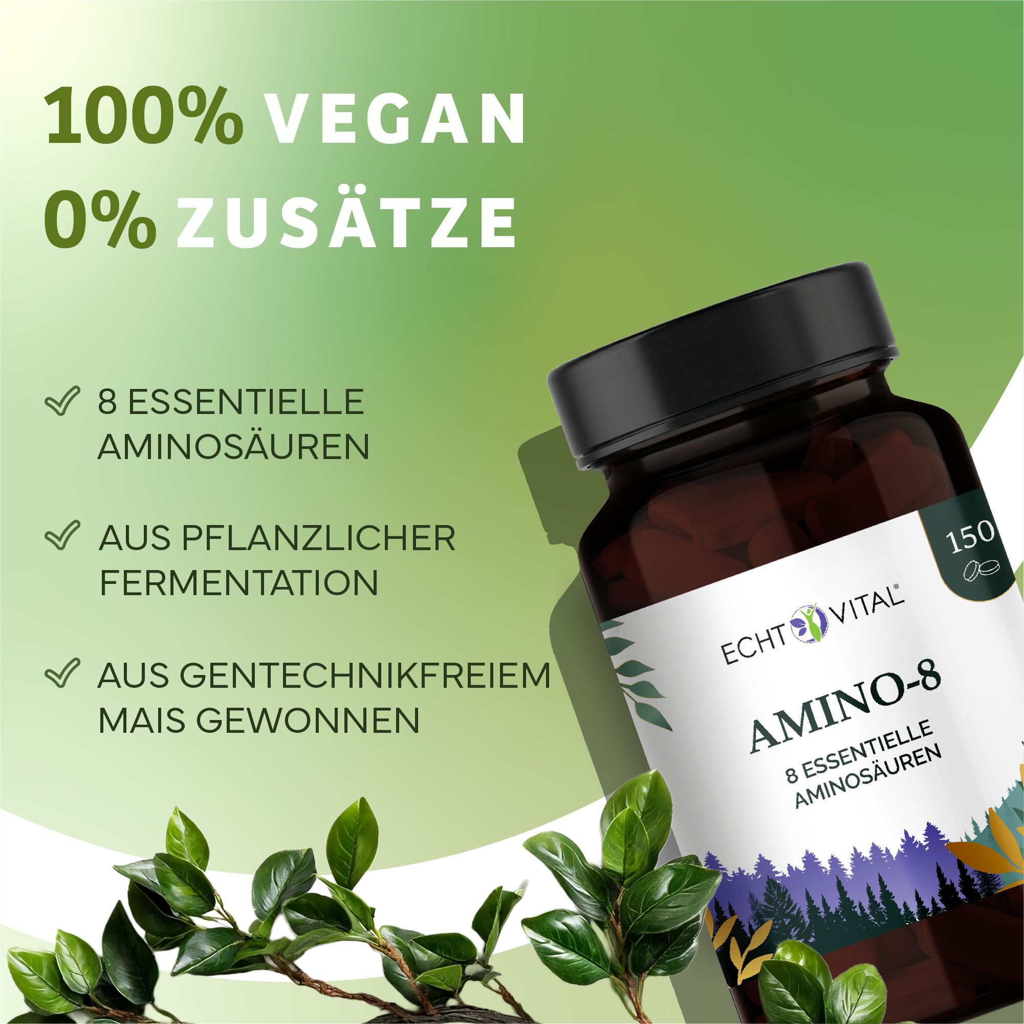 Flacone marrone con coperchio nero. Scritta: Echt Vital Amino-8, 8 aminoacidi essenziali. 150 capsule. Testo: 100% vegano, 0% additivi.