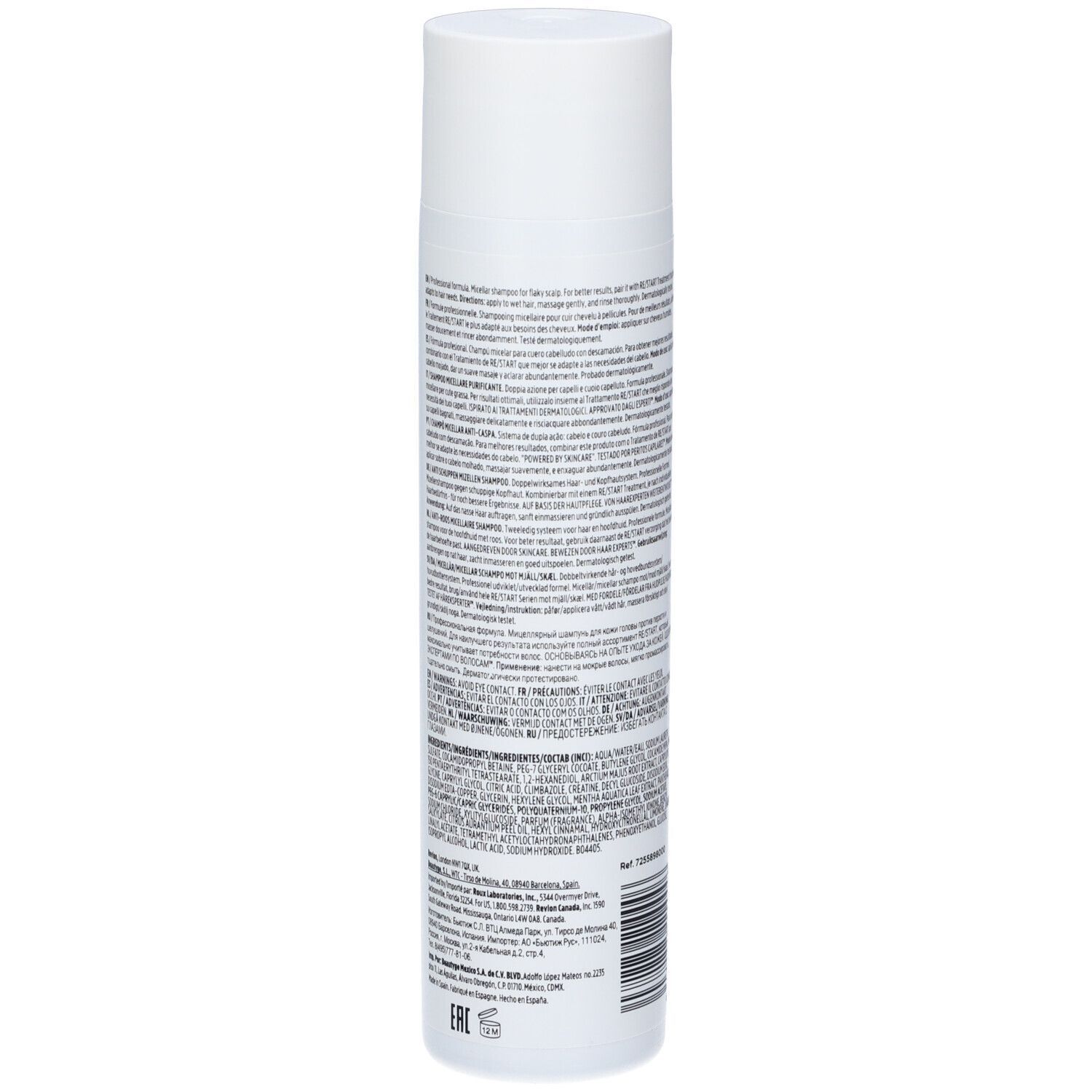 Flacone bianco-blu. Testo: ingredienti, codice a barre, 250 ml. Retro dello shampoo.