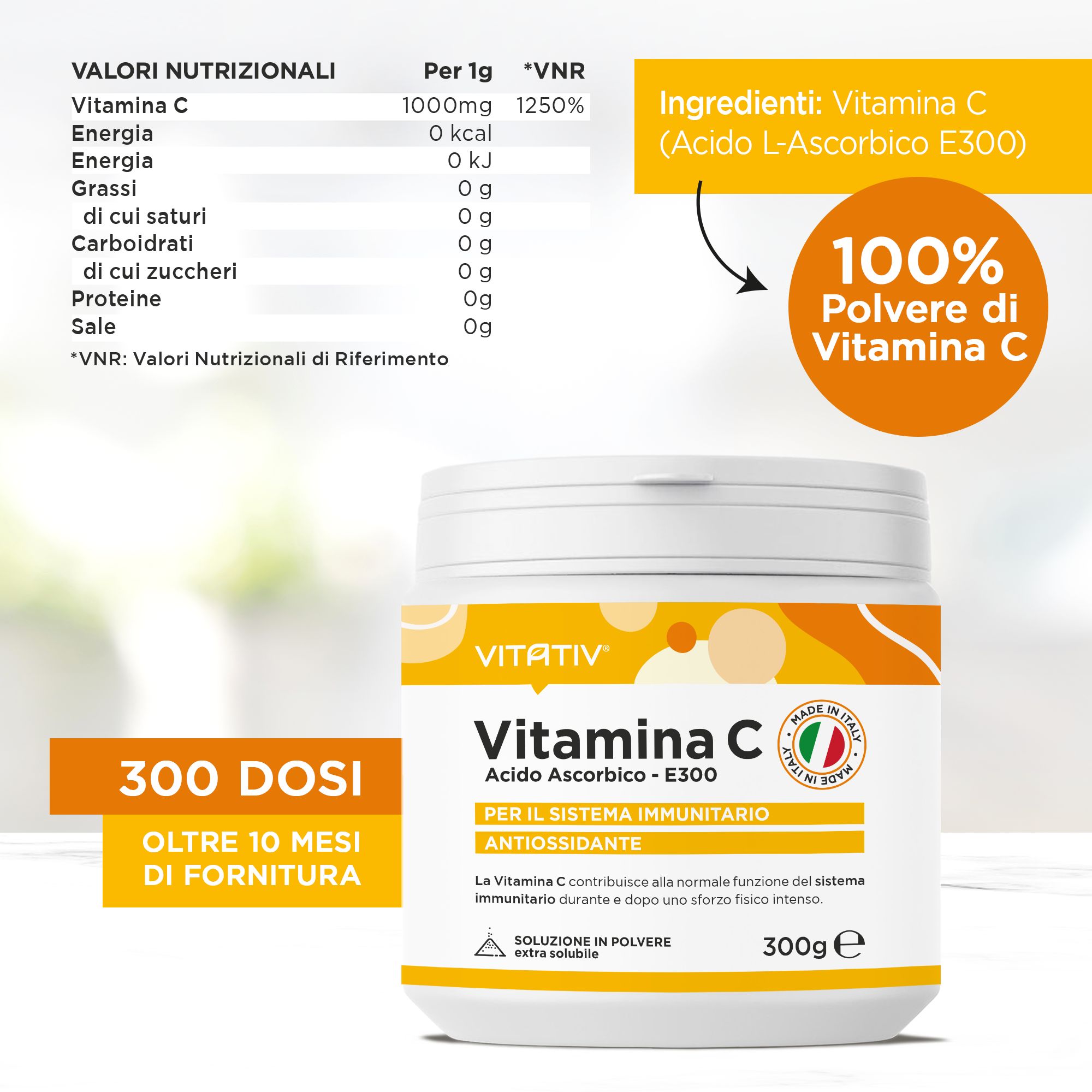 Vitativ® Vitamina C 300g Pura, Acido Ascorbico E300 in polvere solubile | Sistema immunitario