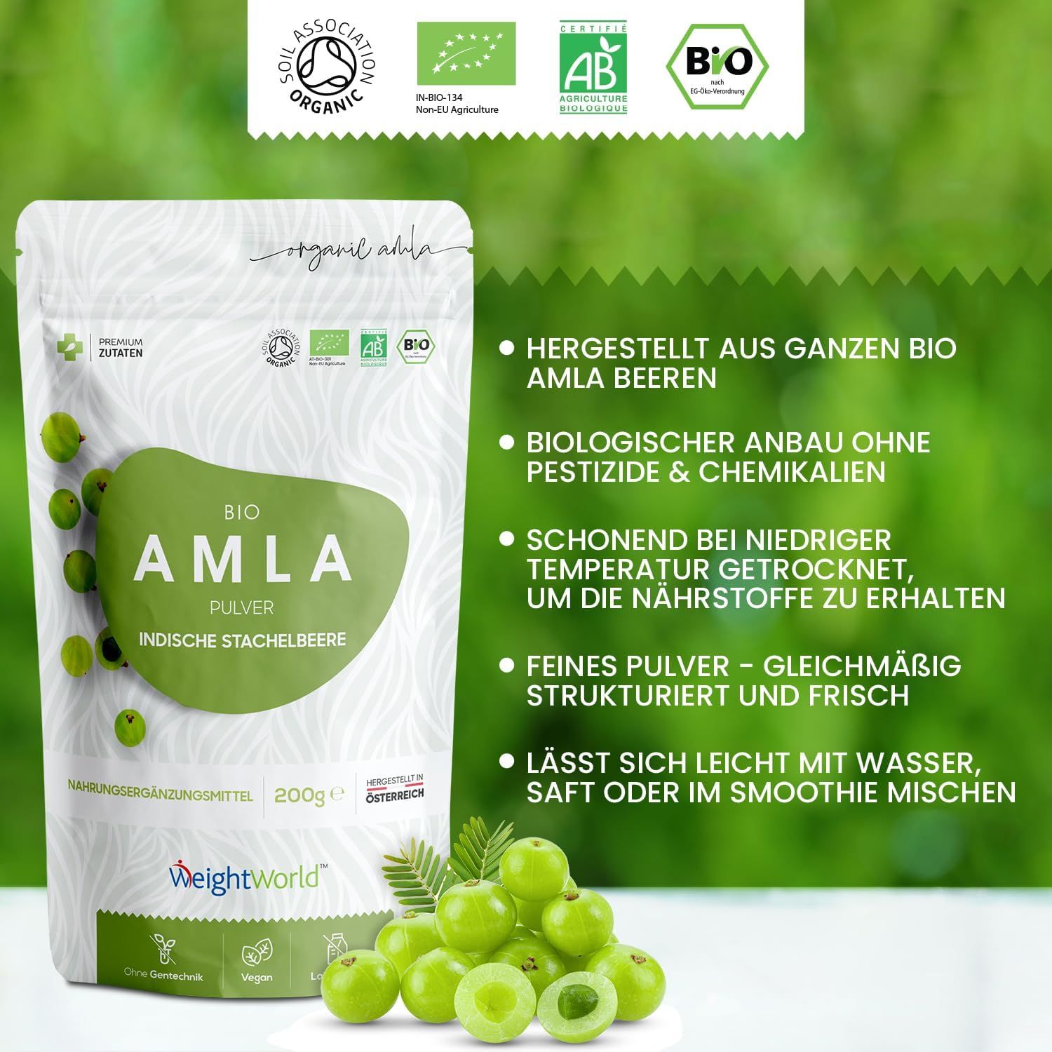 Busta di BIO Amla Pulver, uva spina indiana. Marchio: WeightWorld. Testo: Prodotto con bacche di Amla BIO intere. Certificazioni.