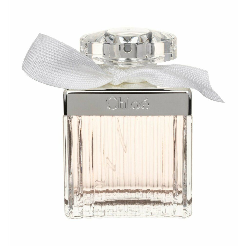 Flacone Chloé Eau de Toilette 2015. Quadrato, vetro, liquido rosa. Tappo argento, fiocco bianco.