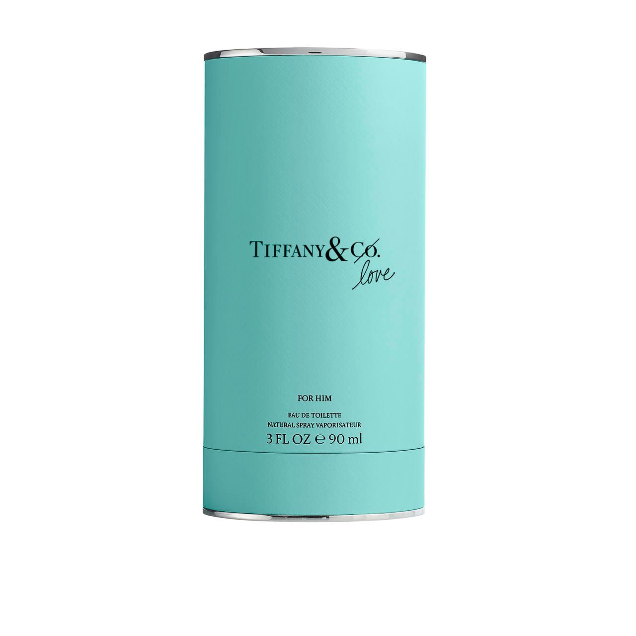Confezione cilindrica turchese con bordo argentato. Scritta: Tiffany & Co. Love, For Him, Eau de Toilette, 3 FL OZ e 90 ml.