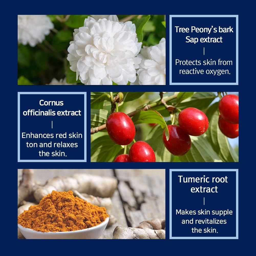 Grafica con immagini di ingredienti: peonia, corniolo, curcuma. Testo: estratto, protegge, rilassa, rivitalizza.