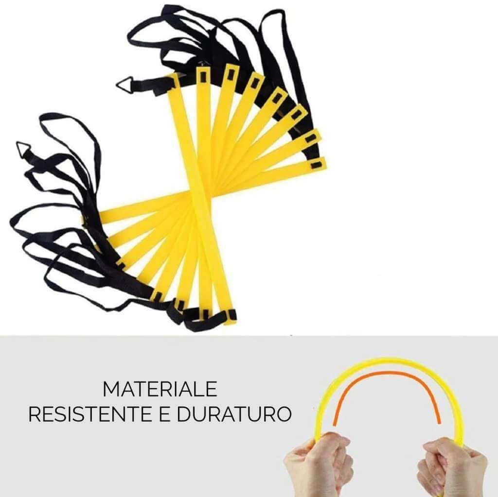 Scala per allenamento gialla, campione materiale. Testo: MATERIALE RESISTENTE E DURATURO.