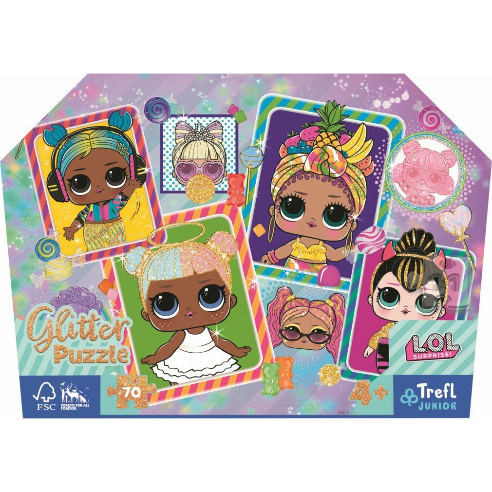 Puzzle con motivi di bambole. Scritta: Glitter Puzzle, 70 pezzi, LOL Surprise, Trefl Junior. Etichetta FSC.