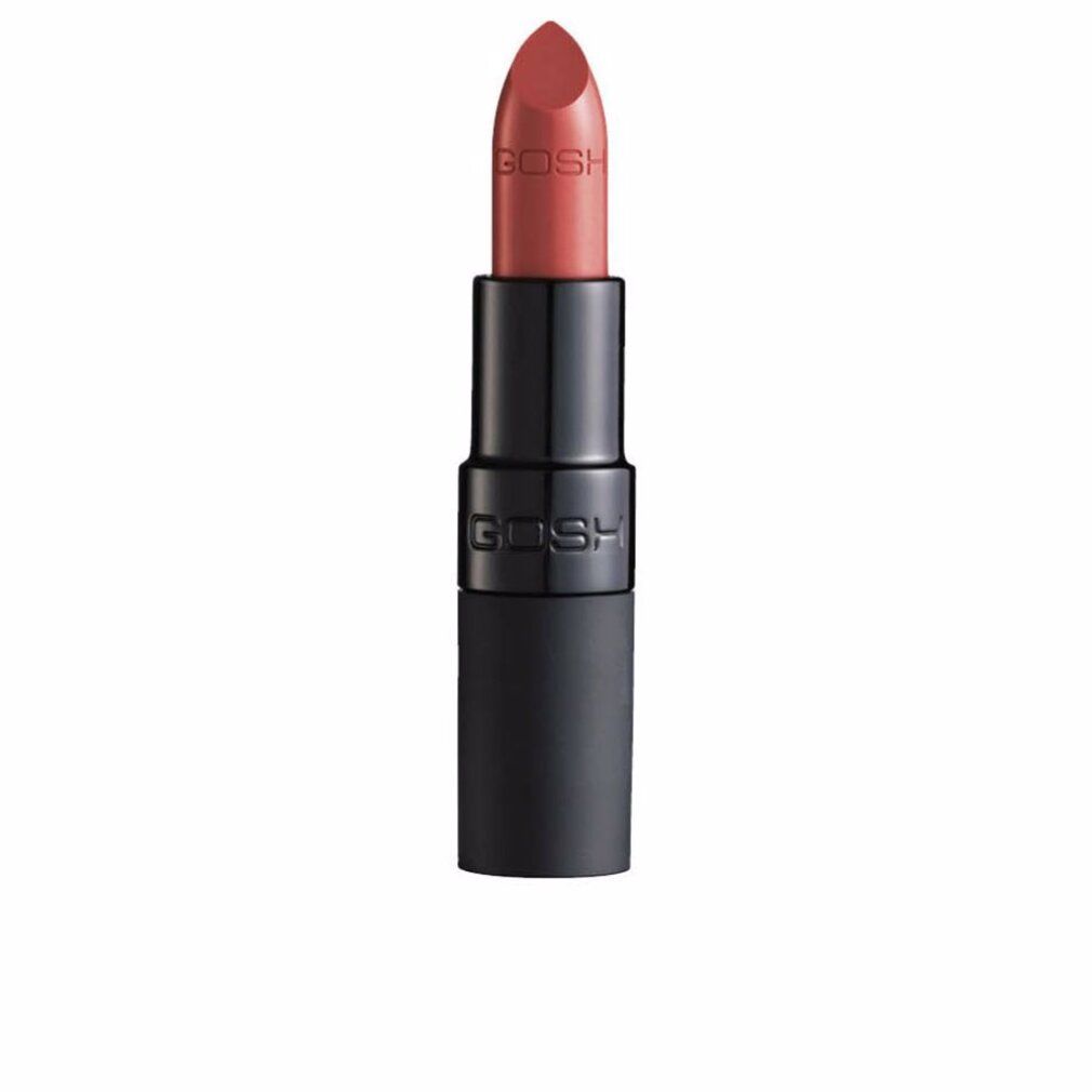 Rossetto Gosh Velvet Touch 025 Matt Spice. Rossetto in stick nero. Marchio Gosh visibile.