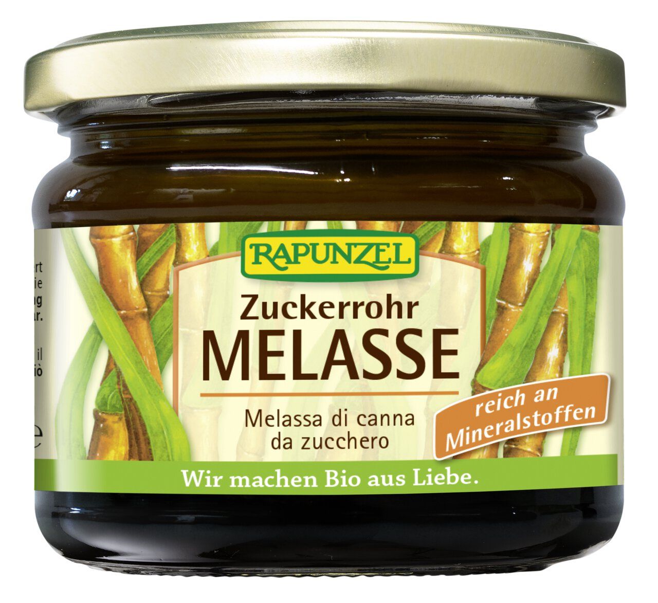 Melassa di canna da zucchero Rapunzel in barattolo, primo piano sull'etichetta.