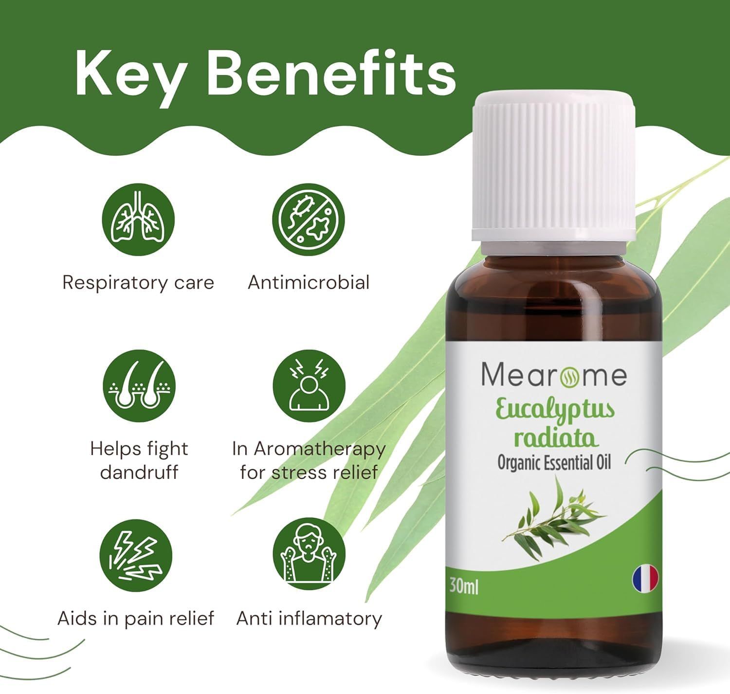 Flacone marrone con tappo bianco. Etichetta con testo. Sei simboli con testo. Bandiera francese.