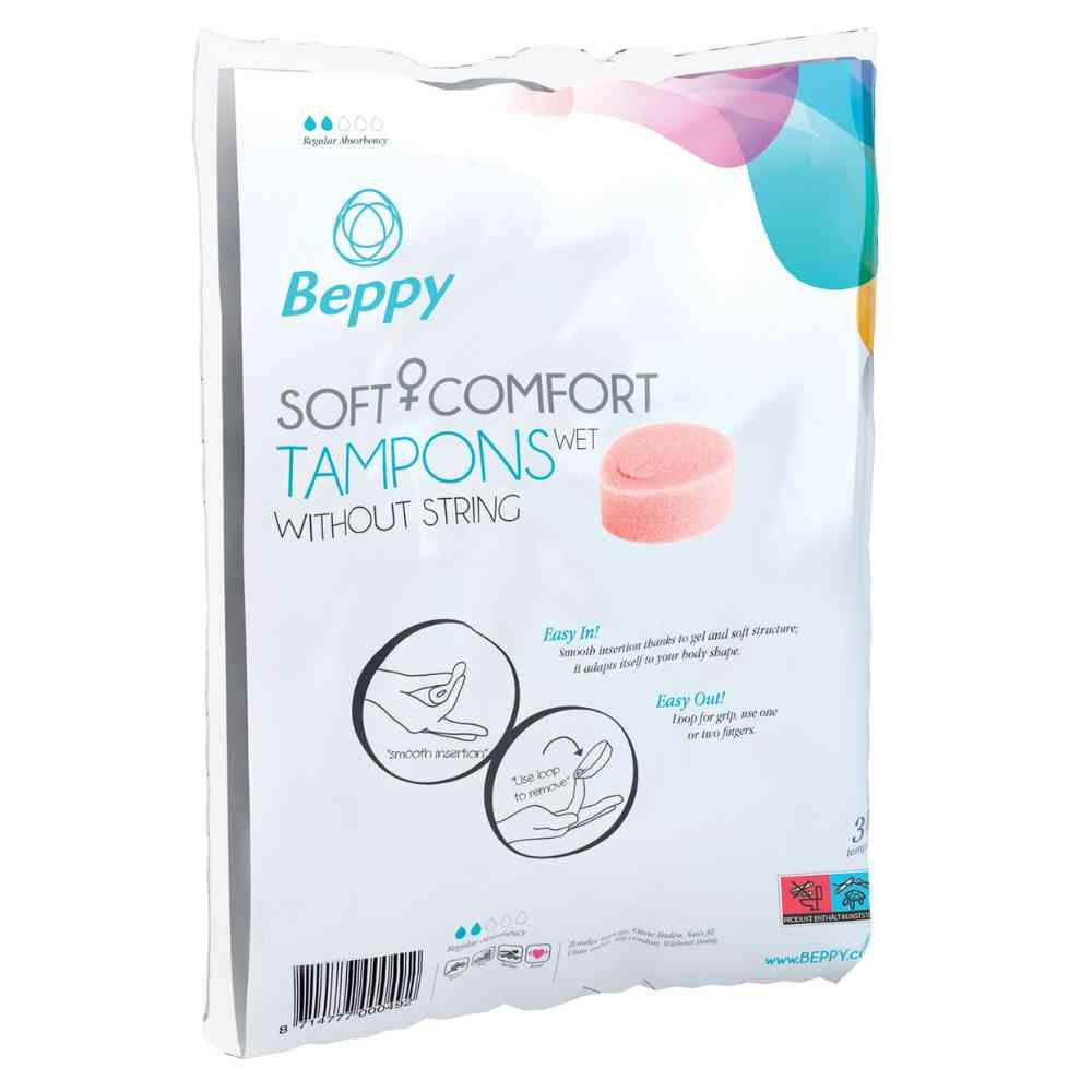 Confezione di tamponi Beppy Soft + Comfort senza filo. Tampone rosa illustrato. Testo: Easy In! Easy Out! 3 pezzi.