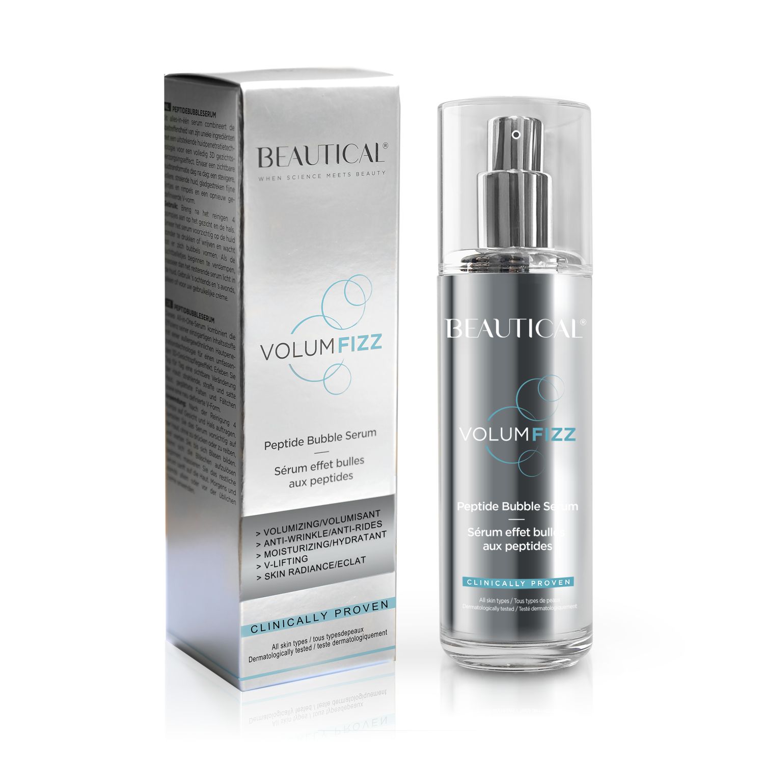 Siero Peptidbubbleserum Volumfizz di Beautical e confezione. Flacone e scatola con nome e dettagli del prodotto. Su sfondo bianco.