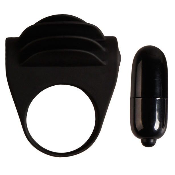 Anello vibrante in silicone nero con vibratore e vibratore separato.
