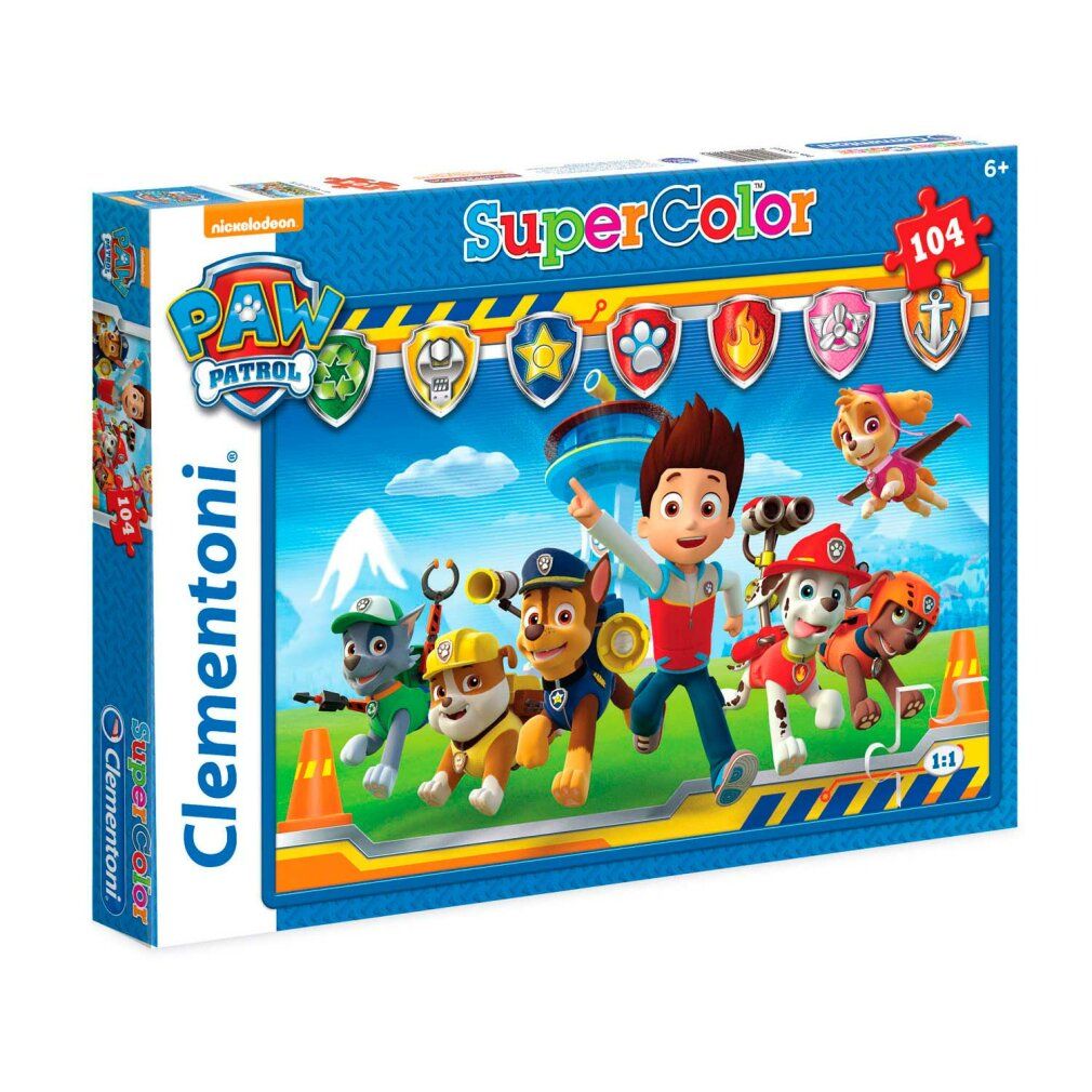 Scatola puzzle Paw Patrol. Contiene 104 pezzi. I personaggi di Paw Patrol sono raffigurati sulla scatola. Marchio: Clementoni.