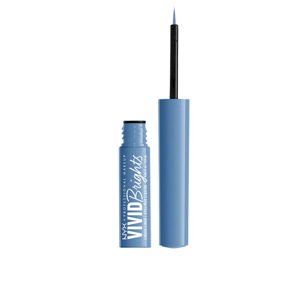 Eyeliner liquido blu con applicatore nero. Nome prodotto: Vivid Brights. Marchio: NYX Professional Makeup.
