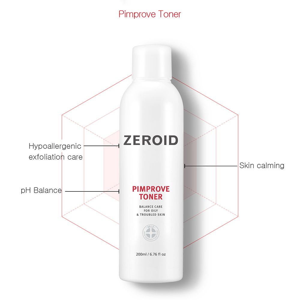 Flacone bianco ZEROID Pimprove Toner con testo e diagramma. Testo: Balance Care per pelli grasse e problematiche. 200ml/6.76 fl oz.