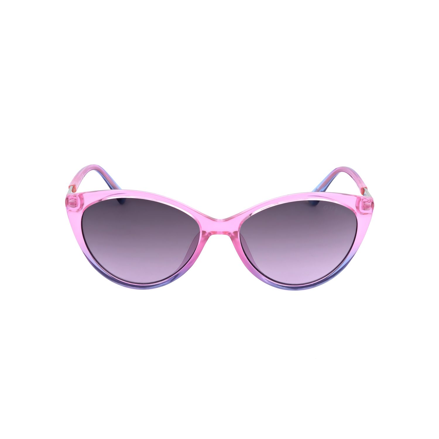 Occhiali da sole rosa a occhi di gatto con sfumatura e aste viola.