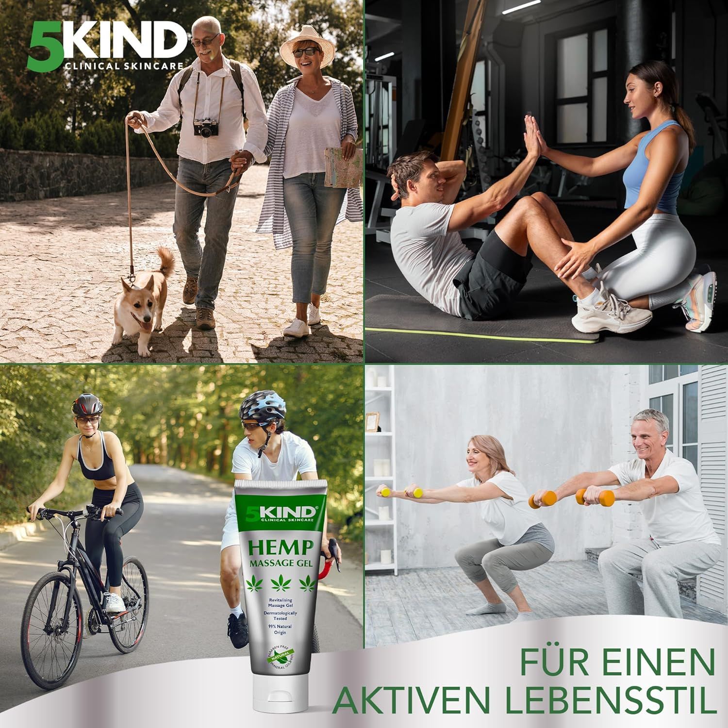 Collage: persone in varie attività. Tubo di gel al 5kind Hemp. Testo: PER UNO STILE DI VITA ATTIVO.