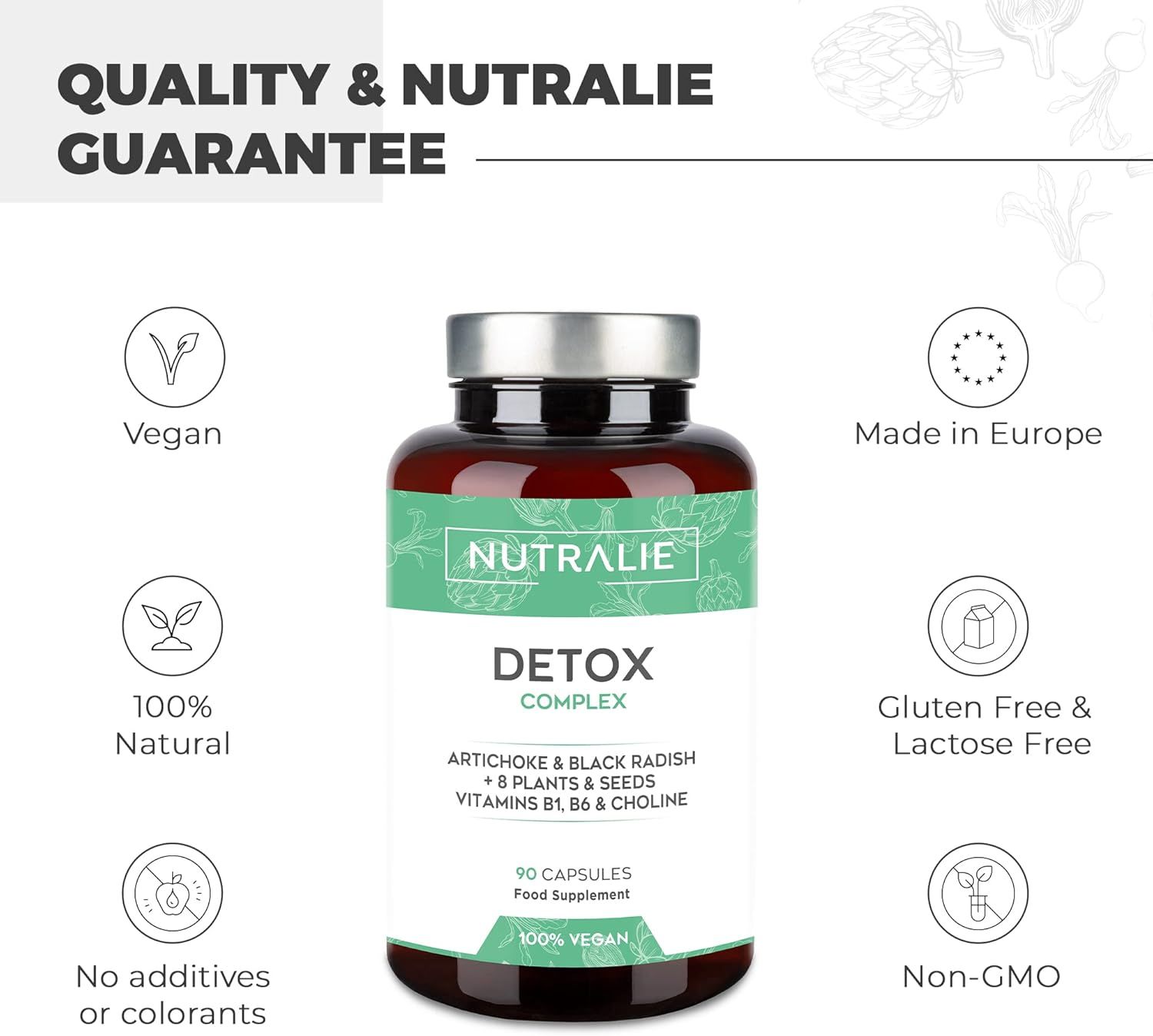 Flacone Nutralie Detox Complex con etichetta bianca. Vegano, 100% naturale, senza glutine, senza lattosio, senza additivi, senza OGM.