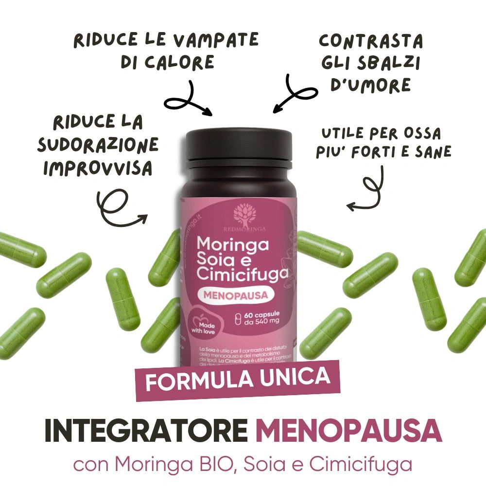 Flacone marrone con capsule verdi. Testo: Moringa Soia e Cimicifuga MENOPAUSA, 60 capsule. Riduce vampate di calore, sbalzi d'umore.