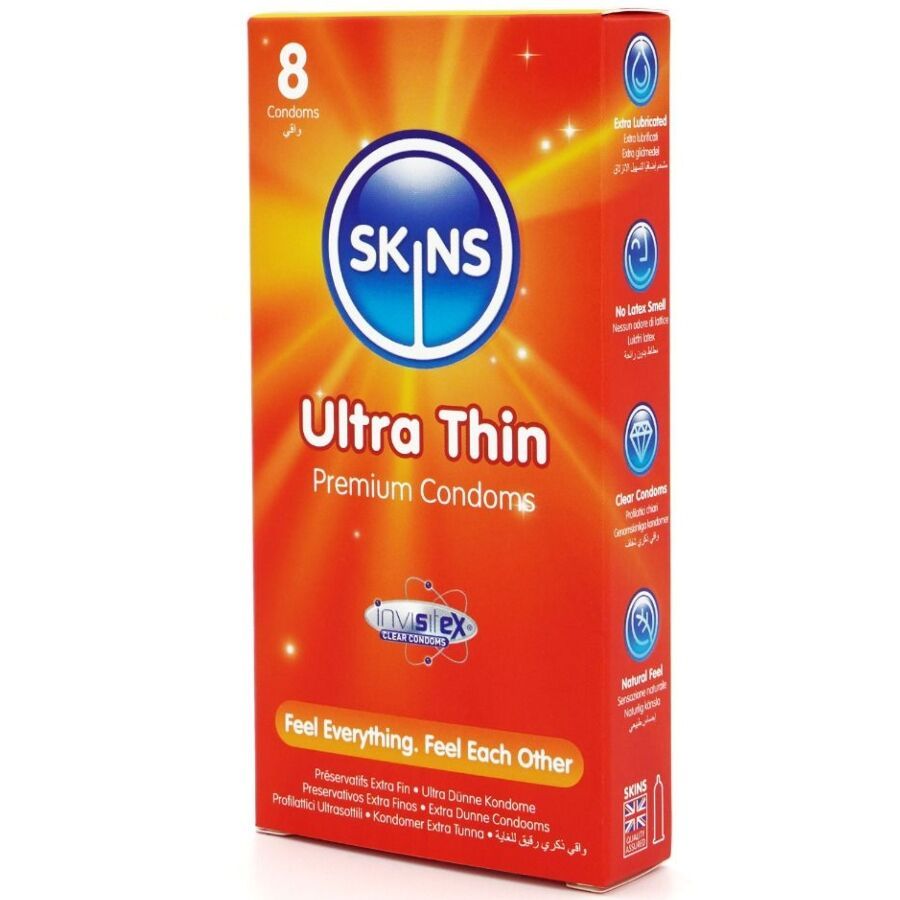 Confezione di 8 preservativi SKINS Ultra Thin. Sfondo arancione con informazioni sul prodotto e logo.