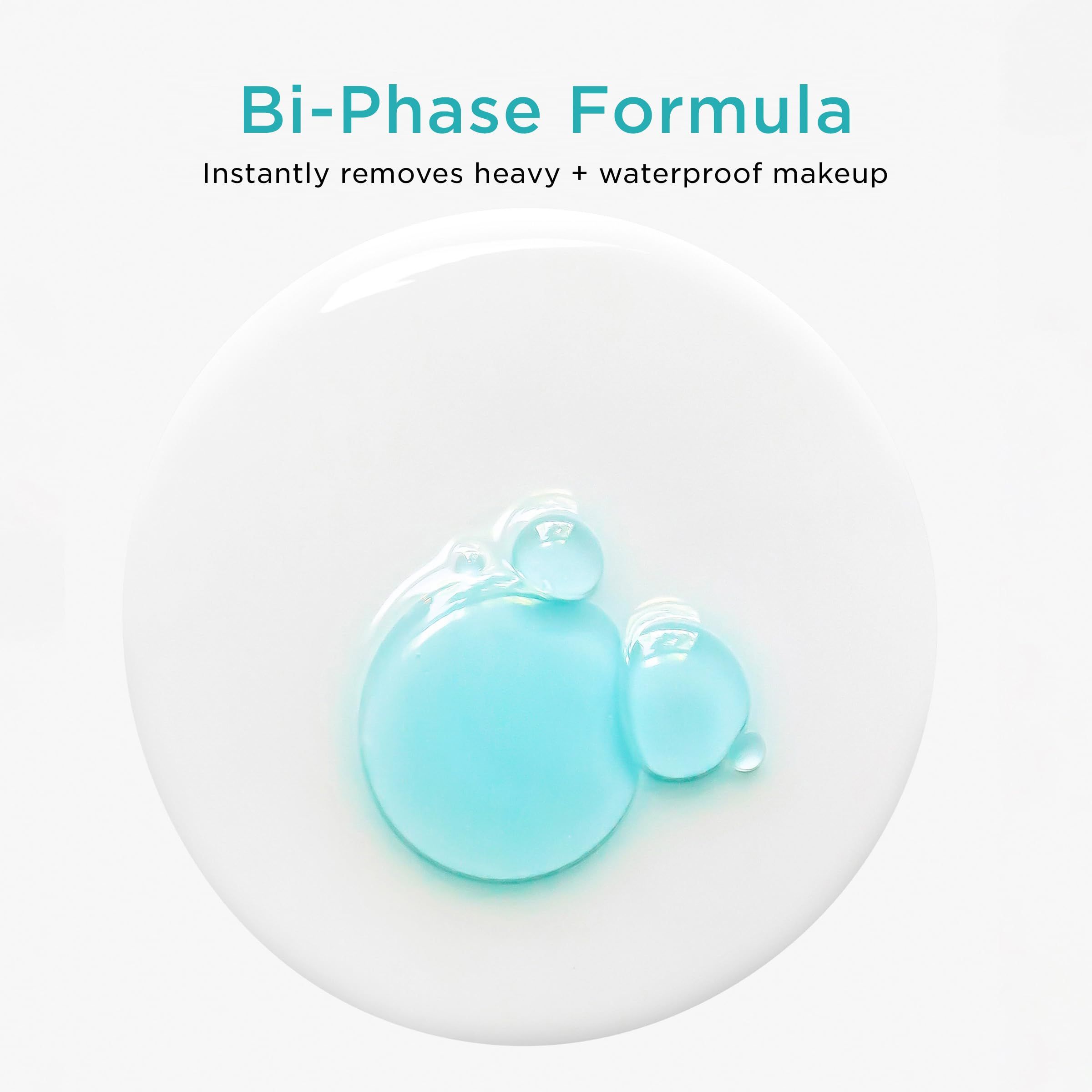 Primo piano di liquido blu trasparente su sfondo bianco. Testo: Bi-Phase Formula, Instantly removes heavy + waterproof makeup.