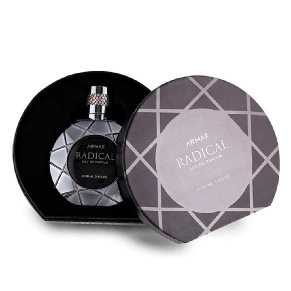 Flacone in scatola aperta. Scritta: ARMAF RADICAL Eau de Parfum. Motivo geometrico.