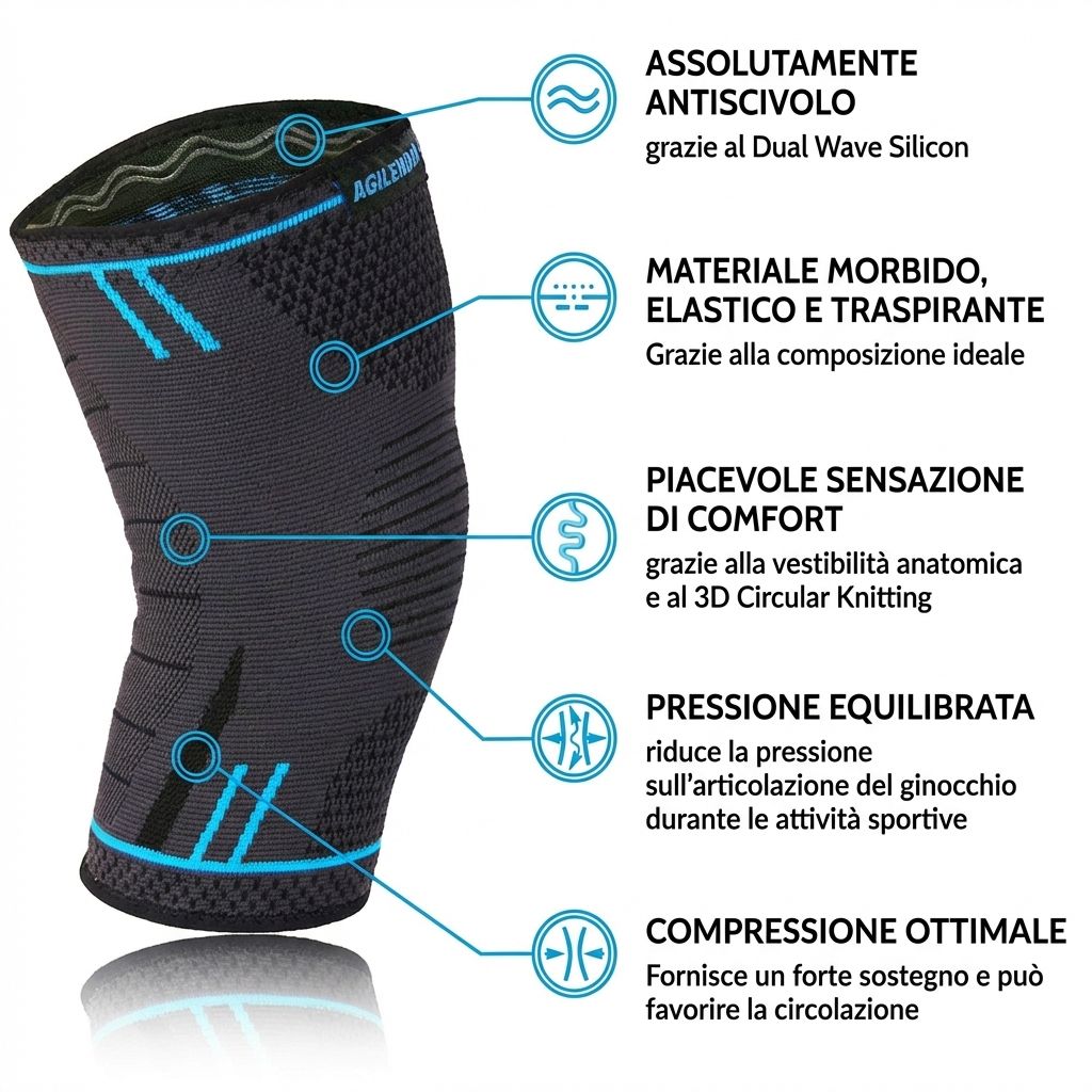 Ginocchiera blu-nera. Antiscivolo con silicone Dual Wave. Dettaglio.