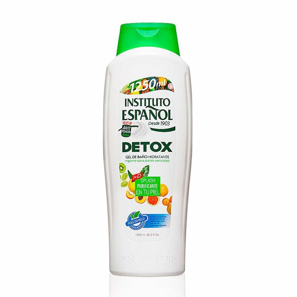 Gel doccia bianco con tappo verde. Scritta: Instituto Español Detox. Illustrazioni di frutta. Testo: Gel de baño hidratante.