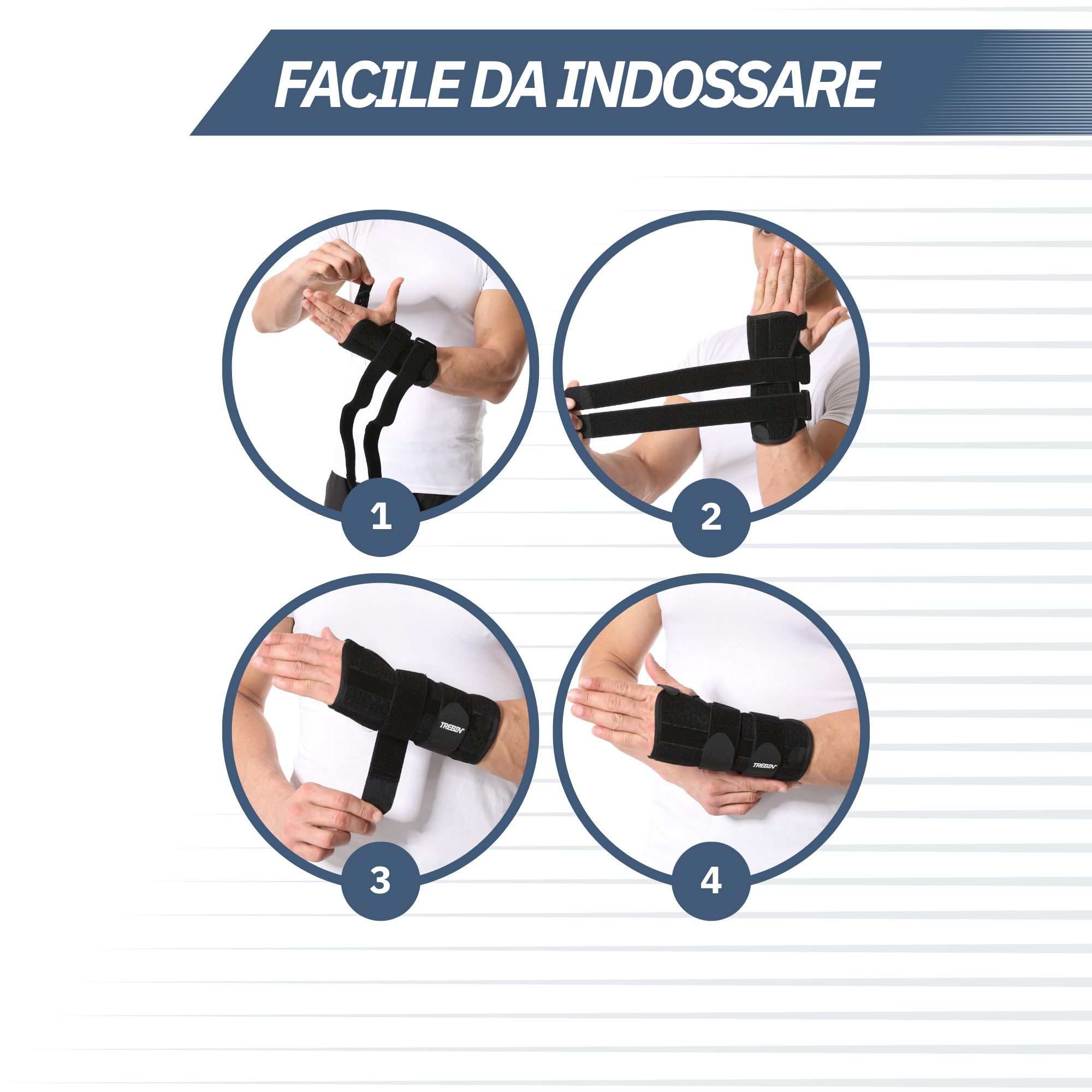 Istruzioni per indossare un tutore per polso in quattro passaggi.