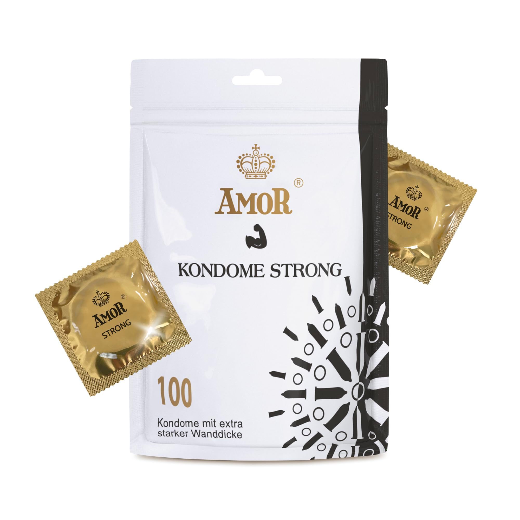 Confezione preservativi Amor Strong, 100 pezzi, con due preservativi singoli.