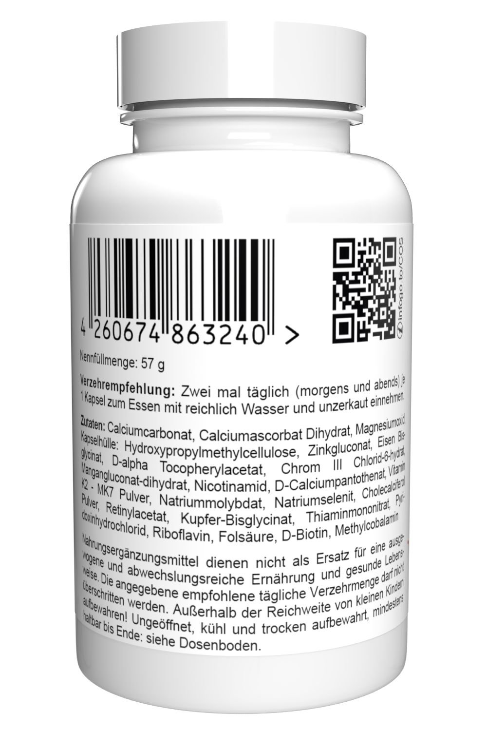 Flacone bianco con codice a barre e QR code neri. Testo in tedesco, elenco ingredienti e raccomandazioni.