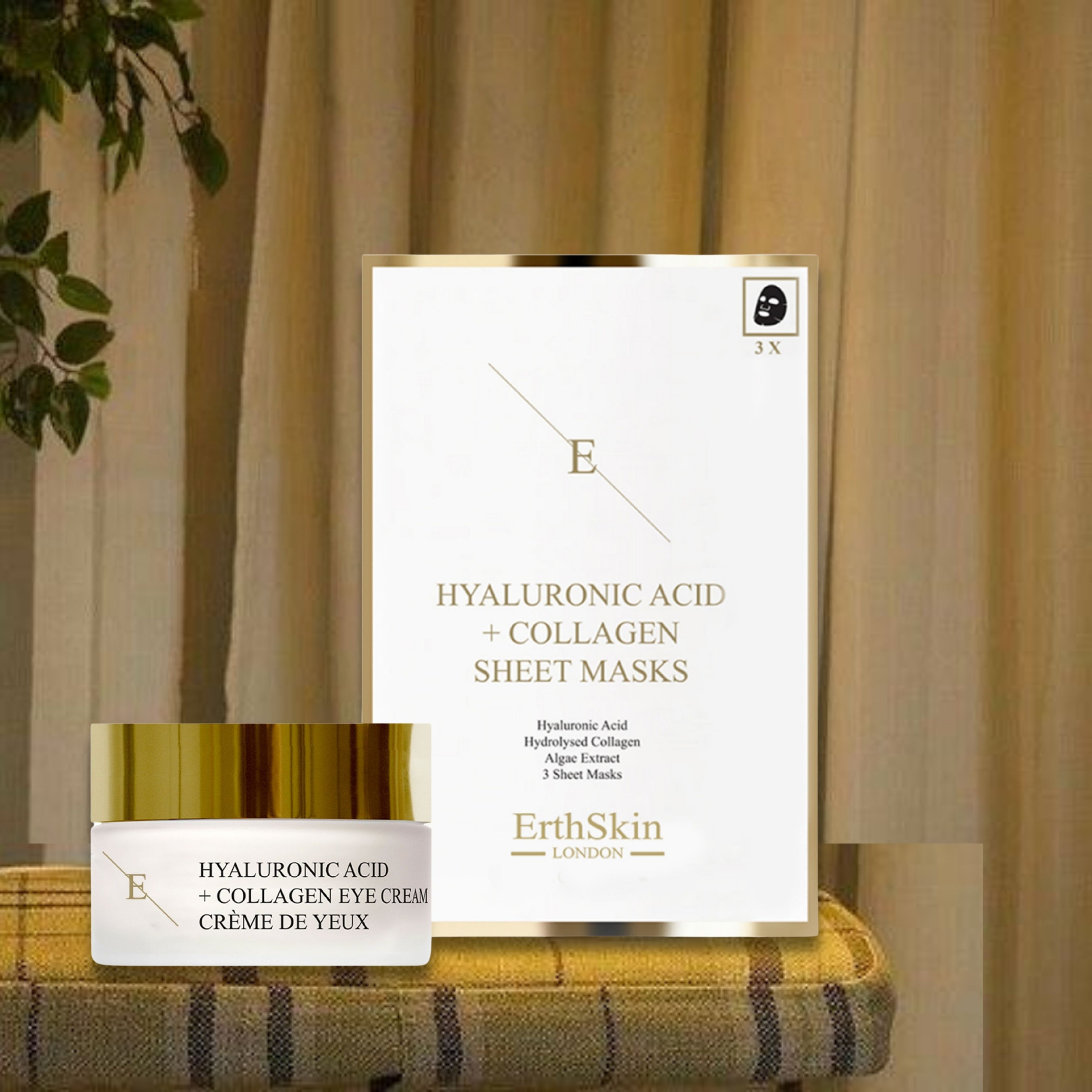 Crema occhi e maschere in tessuto. Confezione con scritta 'ErthSkin London'. Scritta 'Acido Ialuronico + Collagene'.
