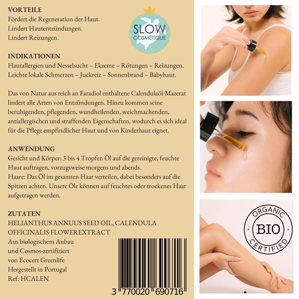 Etichetta del prodotto con testo: SOWÉ, Olio di calendula biologica, 50 ml. Certificazione bio. 3 piccole immagini e 3 immagini applicazione.