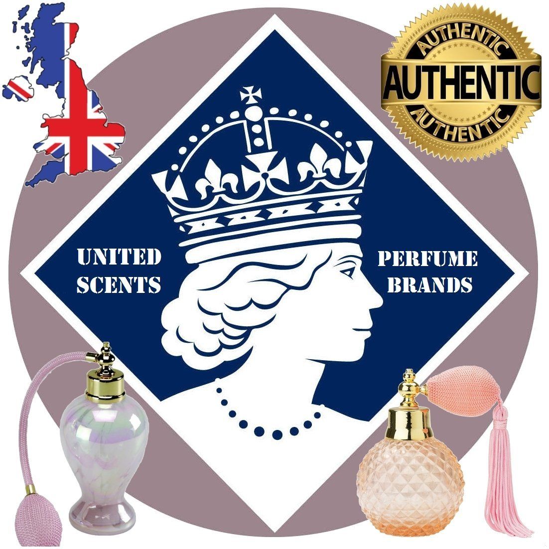 Logo con corona e scritta: United Scents, Perfume Brands. Due flaconi di profumo.
