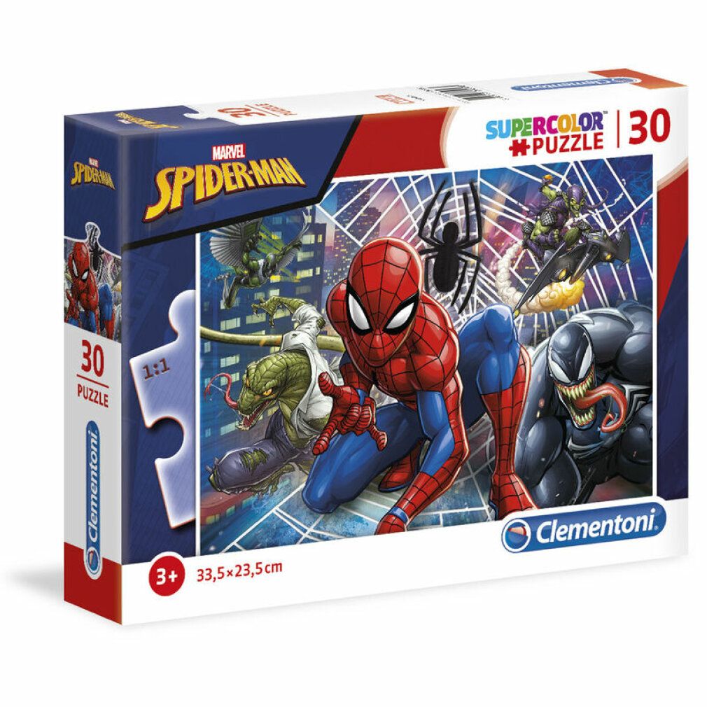 Scatola puzzle Marvel Spiderman, 30 pezzi. Dimensioni 33,5 x 23,5 cm. Età 3+. Marchio Clementoni.