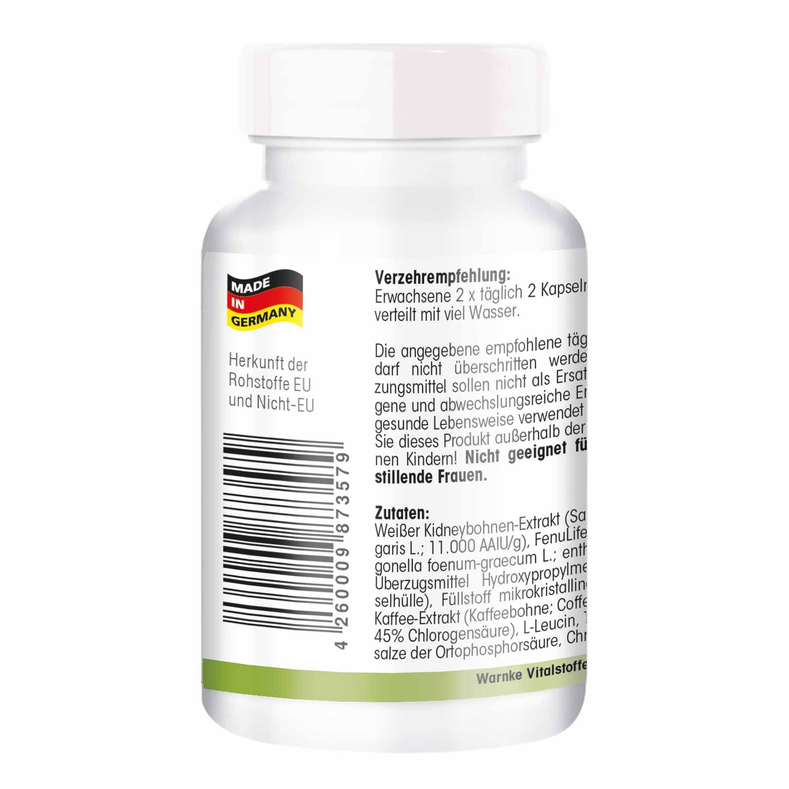 Retro del flacone. Testo: Raccomandazioni, ingredienti. Logo: Warnke Vitalstoffe. Origine: UE e non UE.