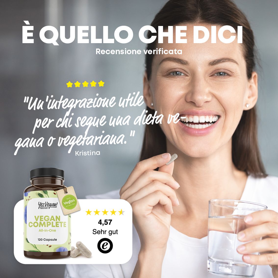 Illustrazione della facile assunzione di 120 capsule vegane.