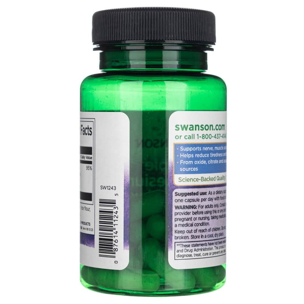 Lato delle capsule Swanson Triple Magnesium Complex. Mostra Swanson.com e le istruzioni per l'uso.