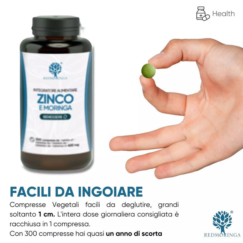 Mano che tiene una compressa verde. Flacone ZINCO E MORINGA. Testo: 300 Compresse. Testo: Facili da ingoiare. Logo: albero con foglie.
