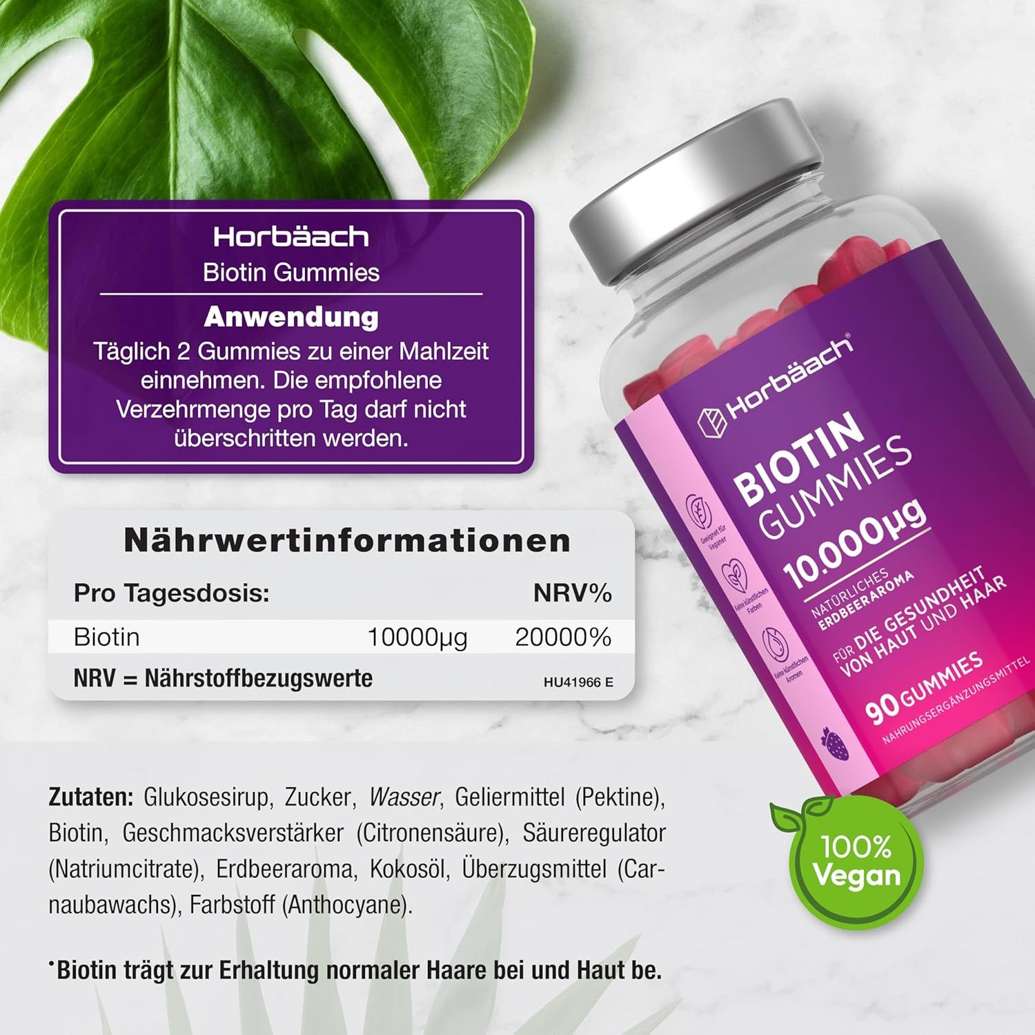 Bottiglia di Biotin Gummies. Orsetti gommosi rossi. Testo: 10.000µg, 90 Gummies, Vegan. Informazioni nutrizionali e ingredienti.