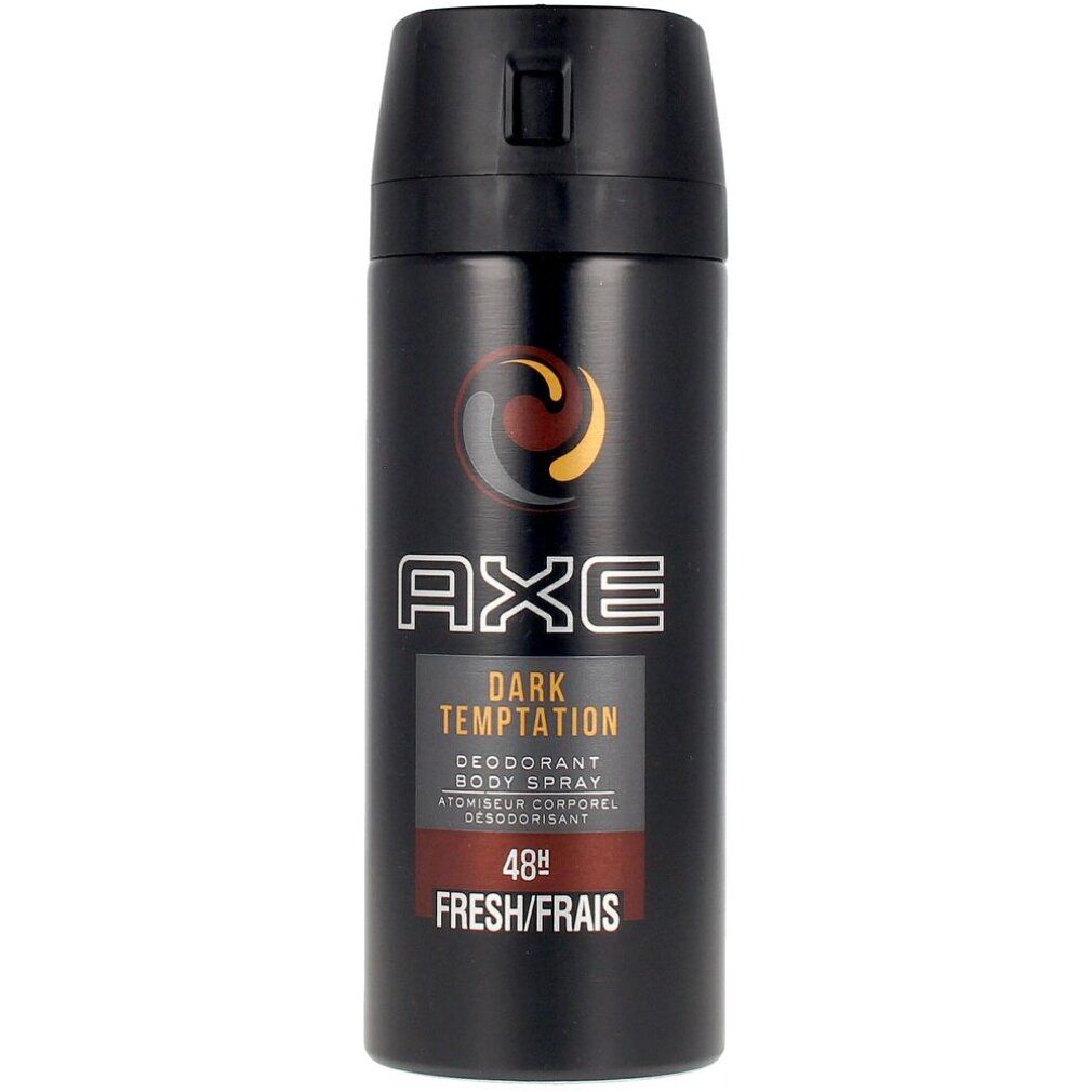 Bomboletta spray deodorante nera con tappo nero. "AXE", "DARK TEMPTATION" e "48H FRESH/FRAIS" sono stampati sulla bomboletta. È visibile anche "DEODORANT BODY SPRAY".