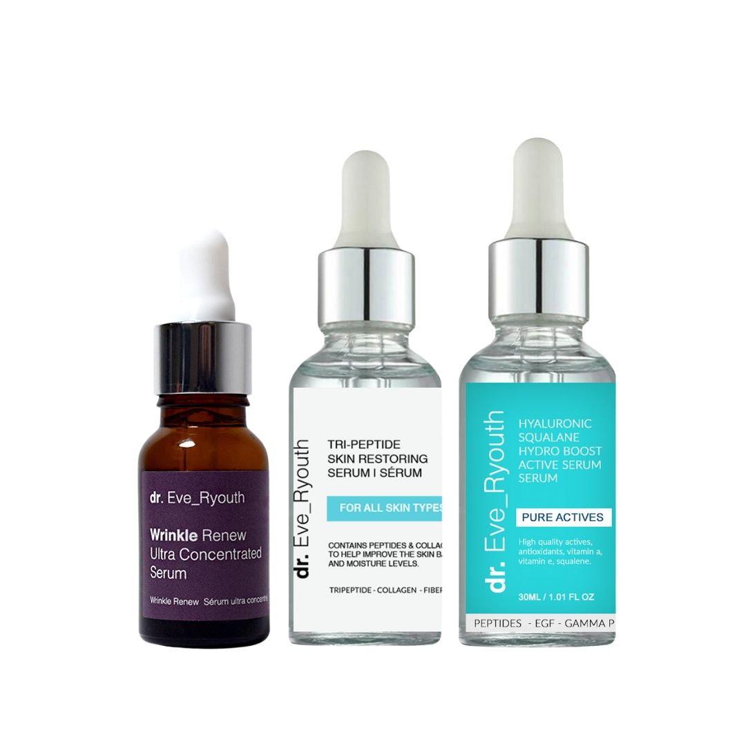 Tre flaconi di siero Dr. Eve_Ryouth. Etichette marrone, trasparenti e blu. Pipette bianche. Scritta: Wrinkle Renew, Tri-Peptide, Hyaluron.