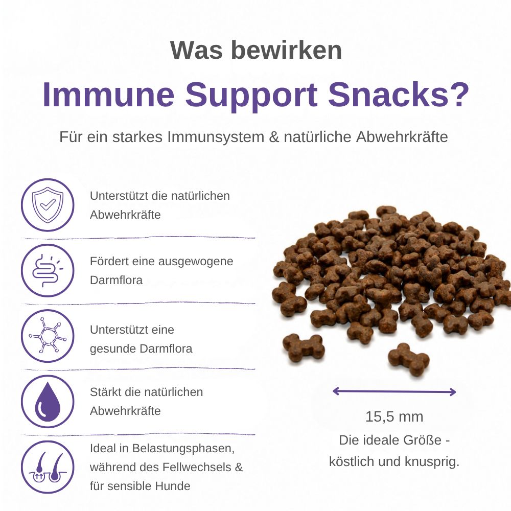 Cumulo di snack per cani Immune Support con indicazione di dimensione di 15,5 mm.