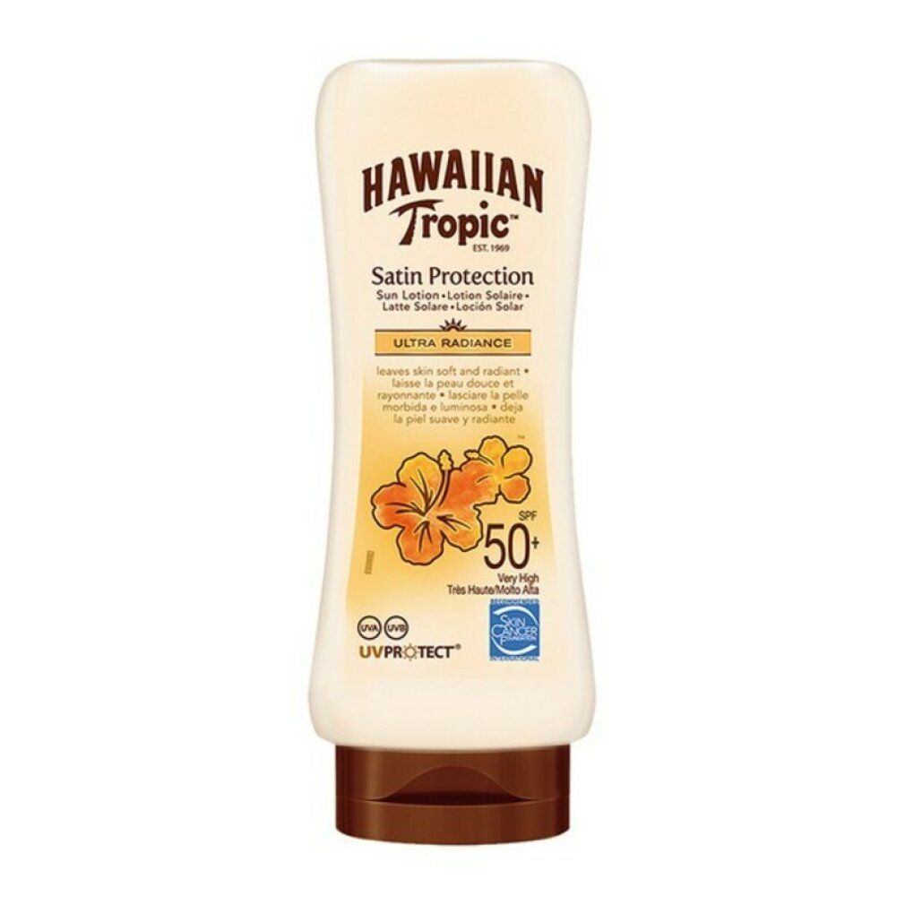 Hawaiian Tropic Satin Protection SPF50+. Flacone color crema con tappo marrone. Testo e logo sul davanti.
