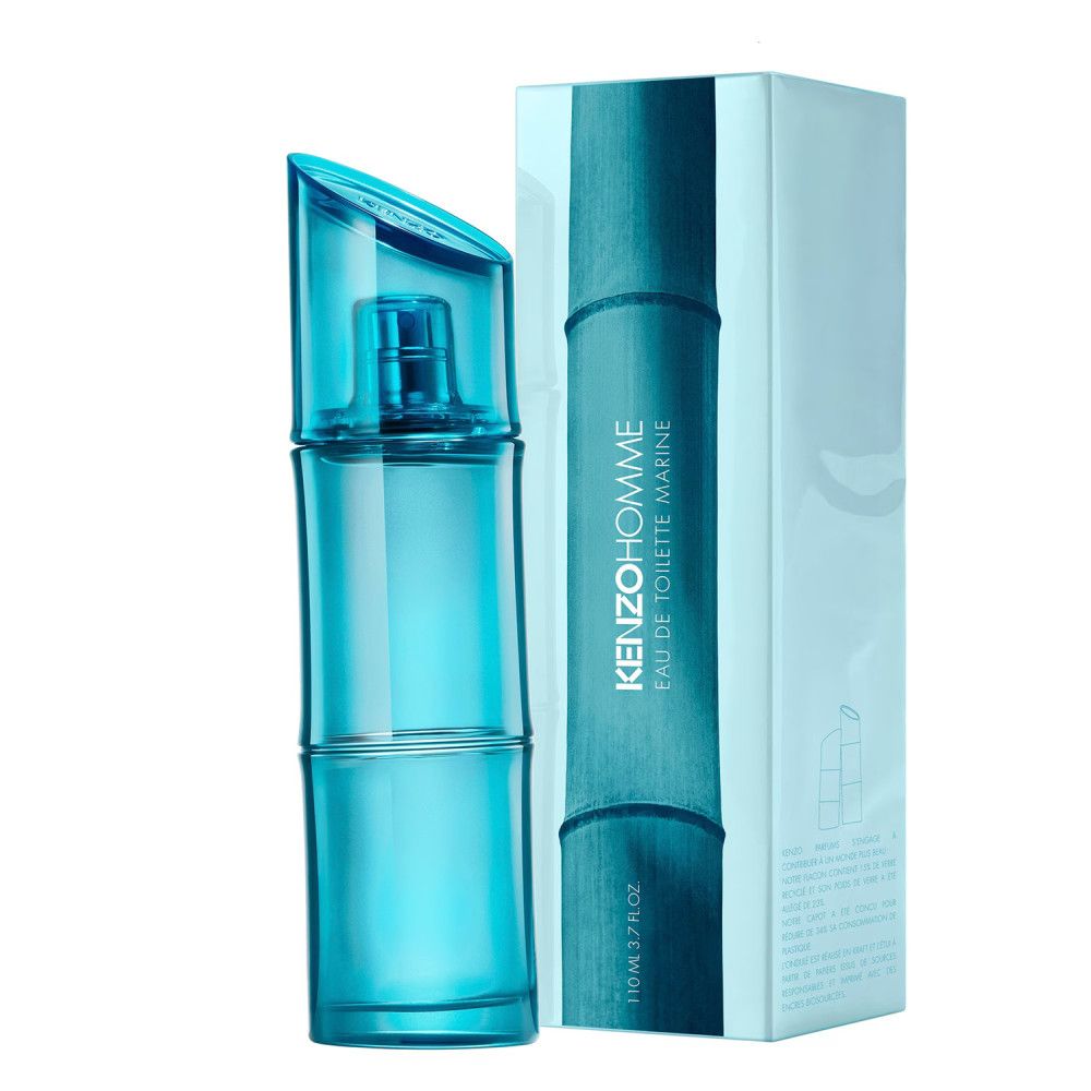 Flacone blu di KENZO HOMME Eau de Toilette Marine con confezione bianca. Scritta: KENZO HOMME Eau de Toilette Marine.