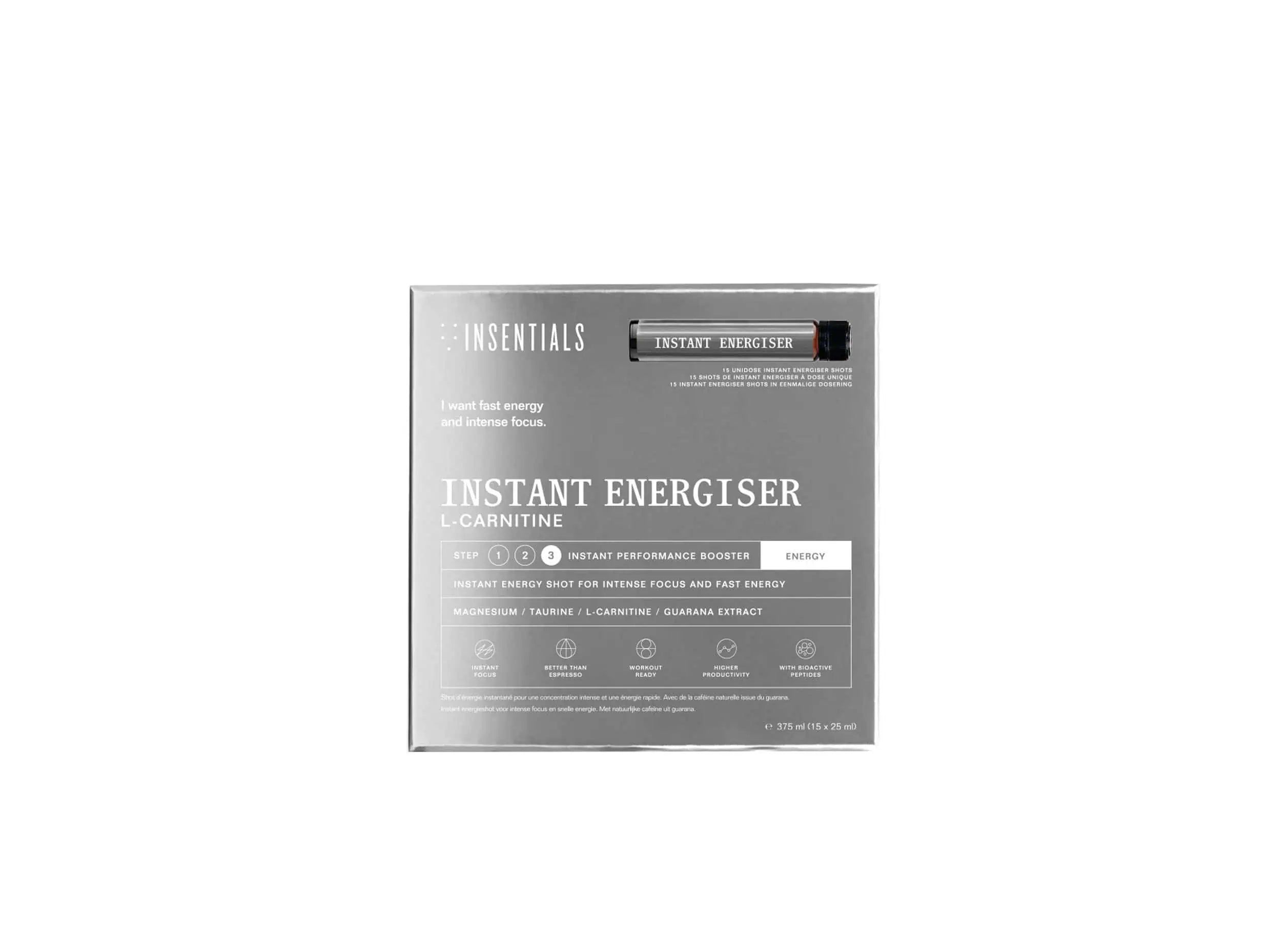 Confezione Insentials Instant Energiser L-Carnitina. Contiene 10 shot per energia e concentrazione.