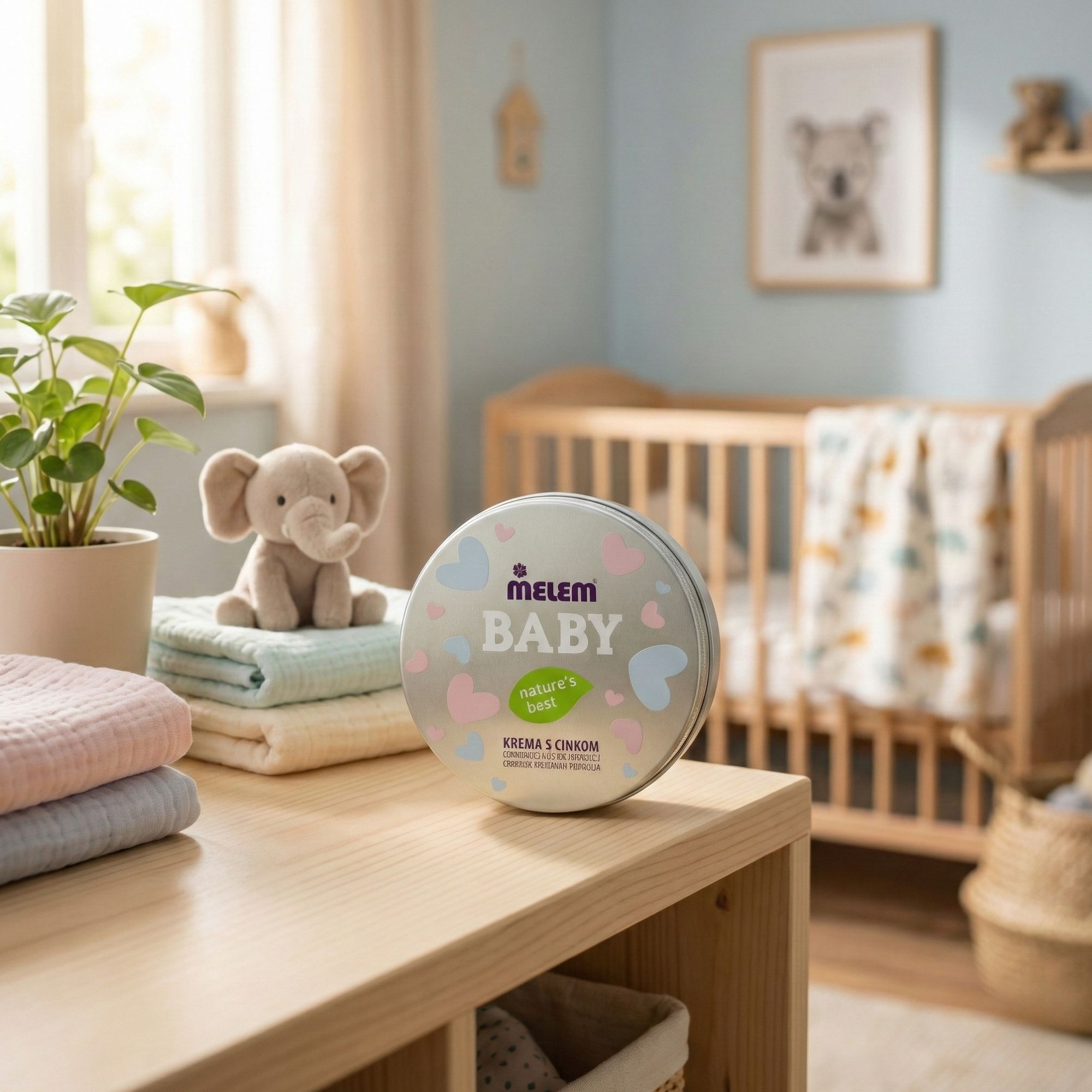 Barattolo rotondo Melem Baby su un tavolo con pannolini e un giocattolo. Sullo sfondo, una culla.