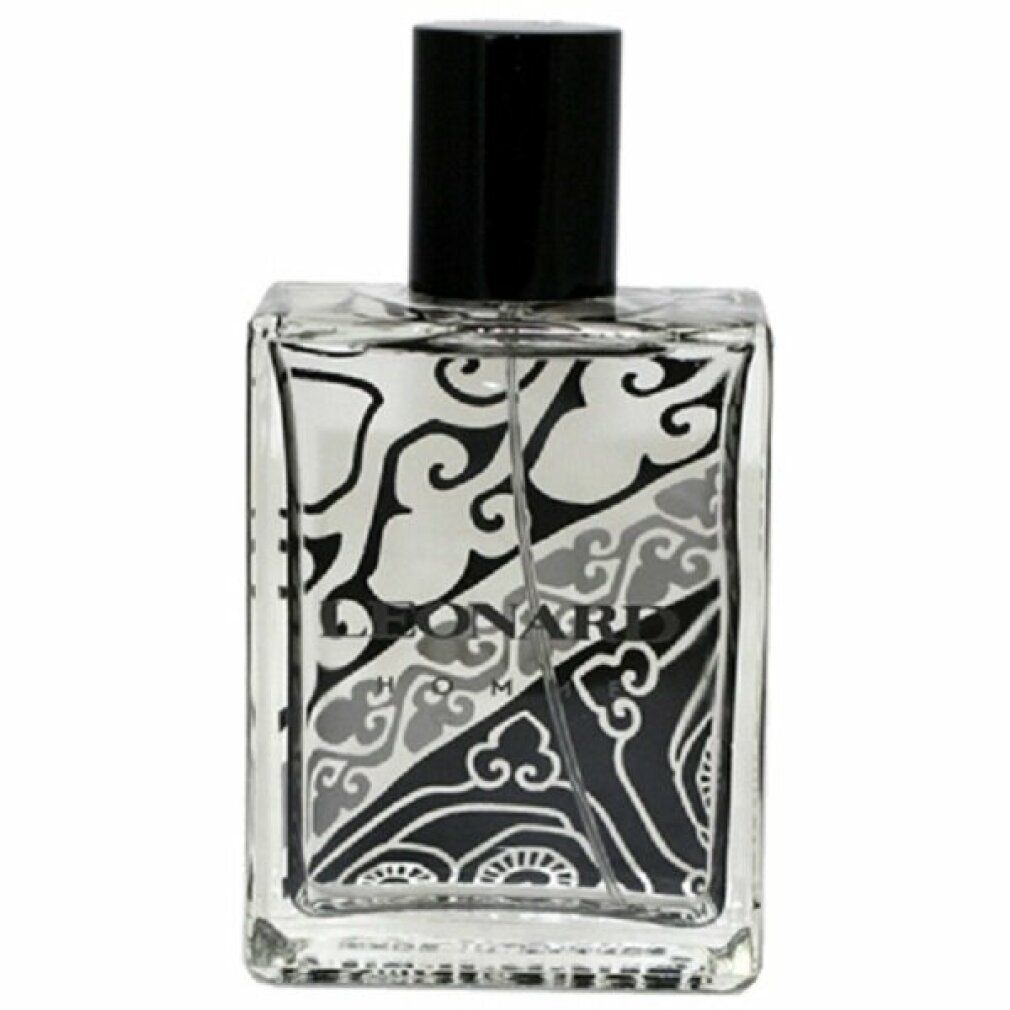 Flacone di Leonard Homme Eau de Toilette. Motivo nero e grigio. Tappo nero. Scritta: Eau de Toilette.