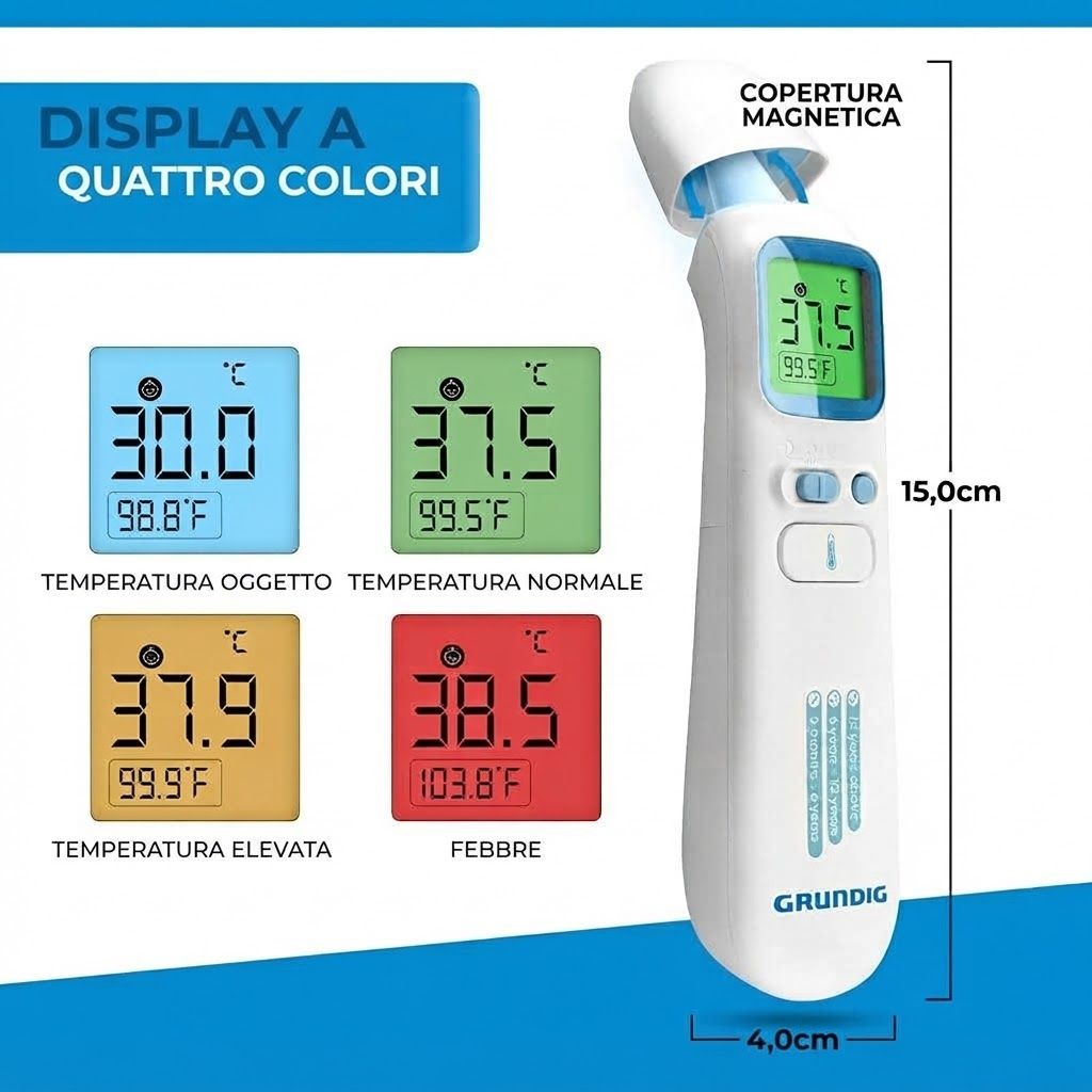 Termometro senza contatto da 15 cm con cappuccio magnetico e display a quattro colori per diverse letture di temperatura.