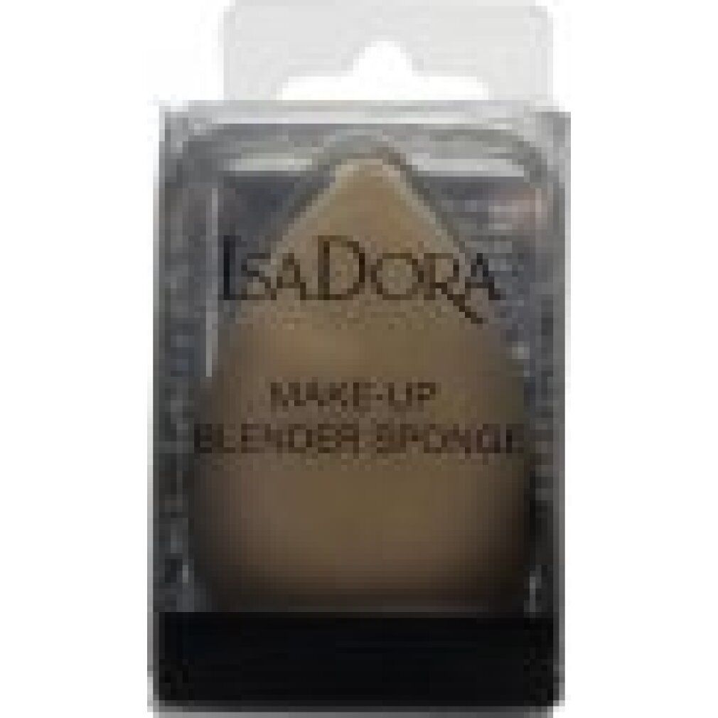 Spugna blender trucco IsaDora, beige, in confezione. Forma a goccia. Scritta Make-up Blender Sponge.