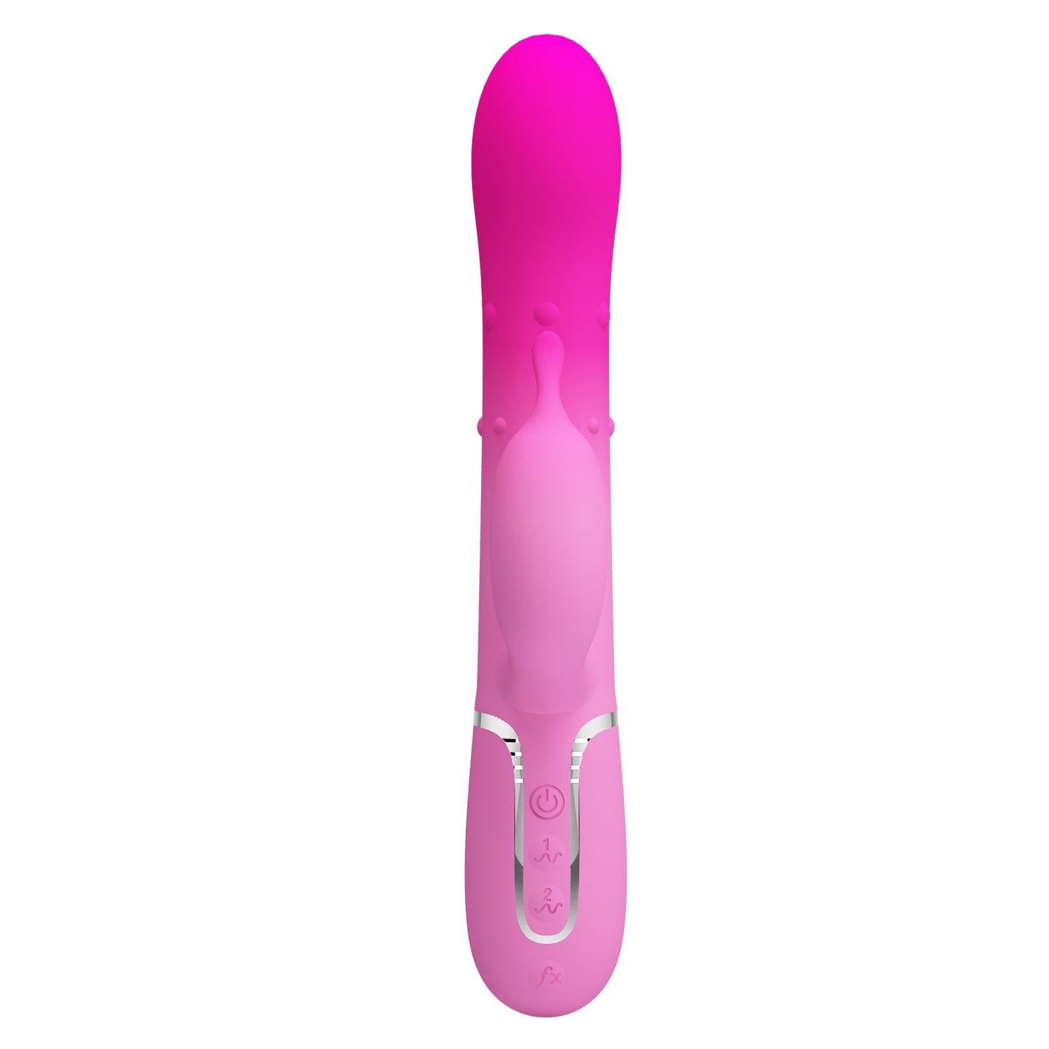 Vibratore rosa con design a coniglio. Il corpo è rosa, la testa e le orecchie sono fucsia. Pulsanti e linea argentata visibili.
